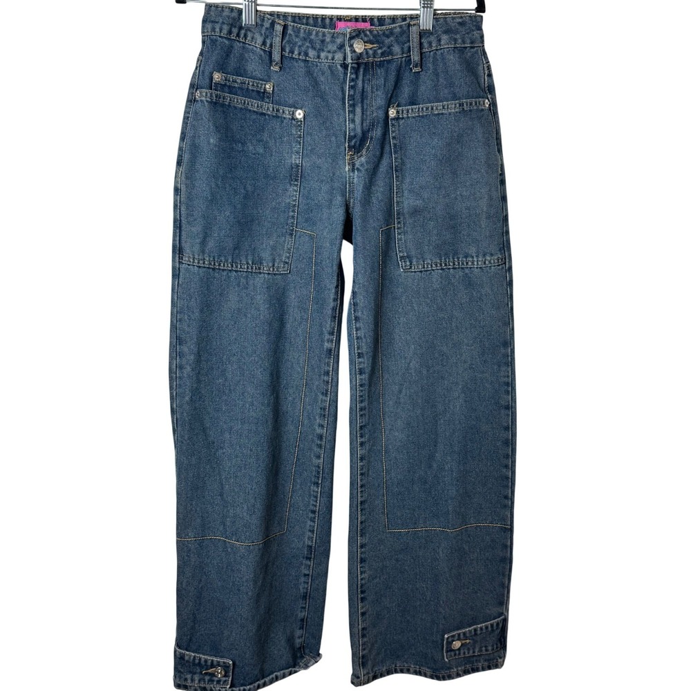 Edikted Wide Leg Jeans Women S Blue Medium‎ Wash Patch Pocket Utility Relaxed